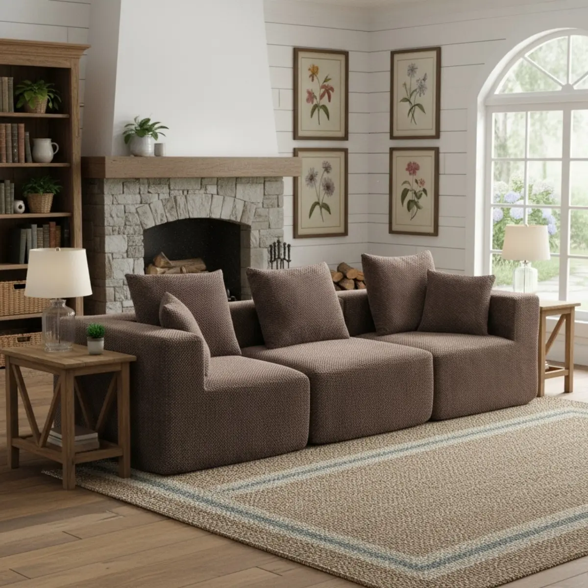 3-Piece Oversized Modular Extra-Deep Plush Sofa Set, All-Foam Low Profile Multi-Piece Sectional Couch in Soft Textured Fabric, Tool-Free Assembly, Apartment-Friendly, 111"x37"x23.6" Brown WL, Extra-Deep Sofa Sets, Low Sofa Sets