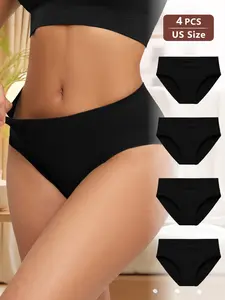 4PCS Women's Plain Ribbed Underwear Set, High-Waisted Elastic Fitted Panties, Perfect Daily Wear, Casual Style, All Seasons