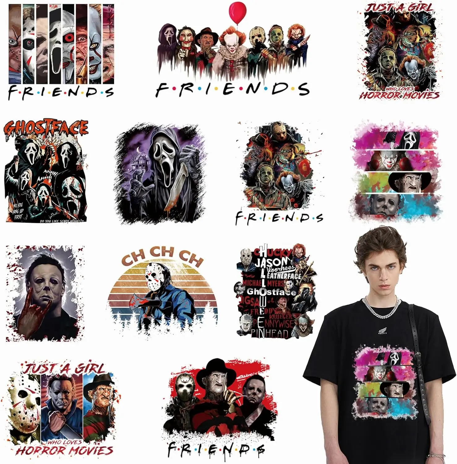 12 Sheets Halloween Iron on Patches, DTF Transfers Ready to Press, Halloween Iron on Decals, Horror Movie Characters Sticker for T-Shirt Clothes Bag Pillow Covers DIY Decorations