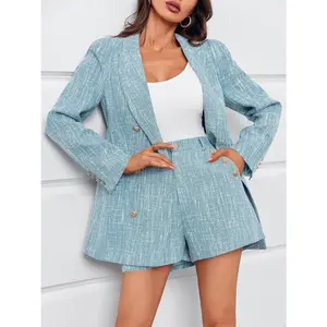 Imily Bela Womens 2 Piece Tweed Blazer Shorts Sets Long Sleeve Double Breasted Suit Jackets Business Outfit