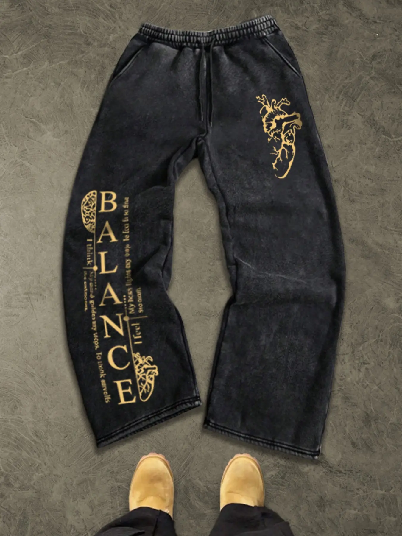 Men's "BALANCE" Heart & Letter Print Washed Sweatpants, Loose Fit Streetwear Joggers, Digital Print #BalancePants #HeartPrintPants #StreetwearJoggers #WashedSweatpants #TikTokMadeMeBuyIt