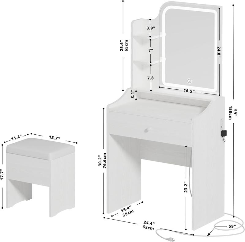 LIKIMIO Small Makeup Vanity Desk with Mirror and Lights, Vanity Table Set with Storage Drawer, Chair and Three Shelves, Bedroom