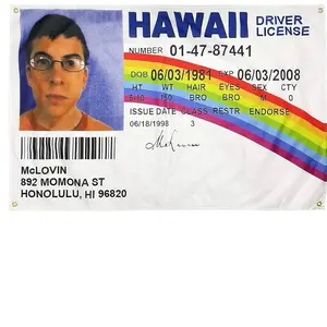 Hawaii ID Flag Fake Driver License 3x5FT Mclovin Tapestry, Polyester with 4 Brass Grommets, Mclovin Funny Flags for College Dorm Outdoor Banner