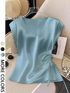 Women's Elegant Elegant Simple Solid Color V-Neck Batwing Sleeve Drawstring Ruched Satin Blouse, Summer