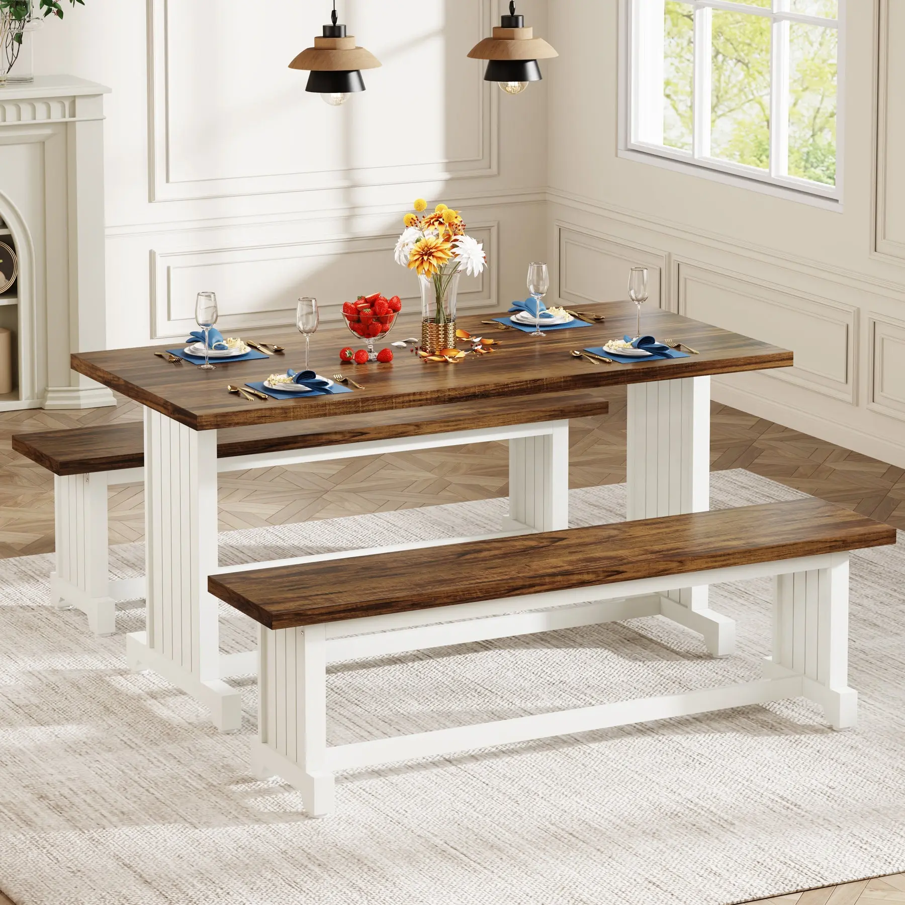 Spaco 3-Piece Wood Farmhouse Dining Table Set - Small Indoor Kitchen Table, 2 Restaurant-Style Benches, Space-Saving Indoor Furniture for 2-Person Apartments