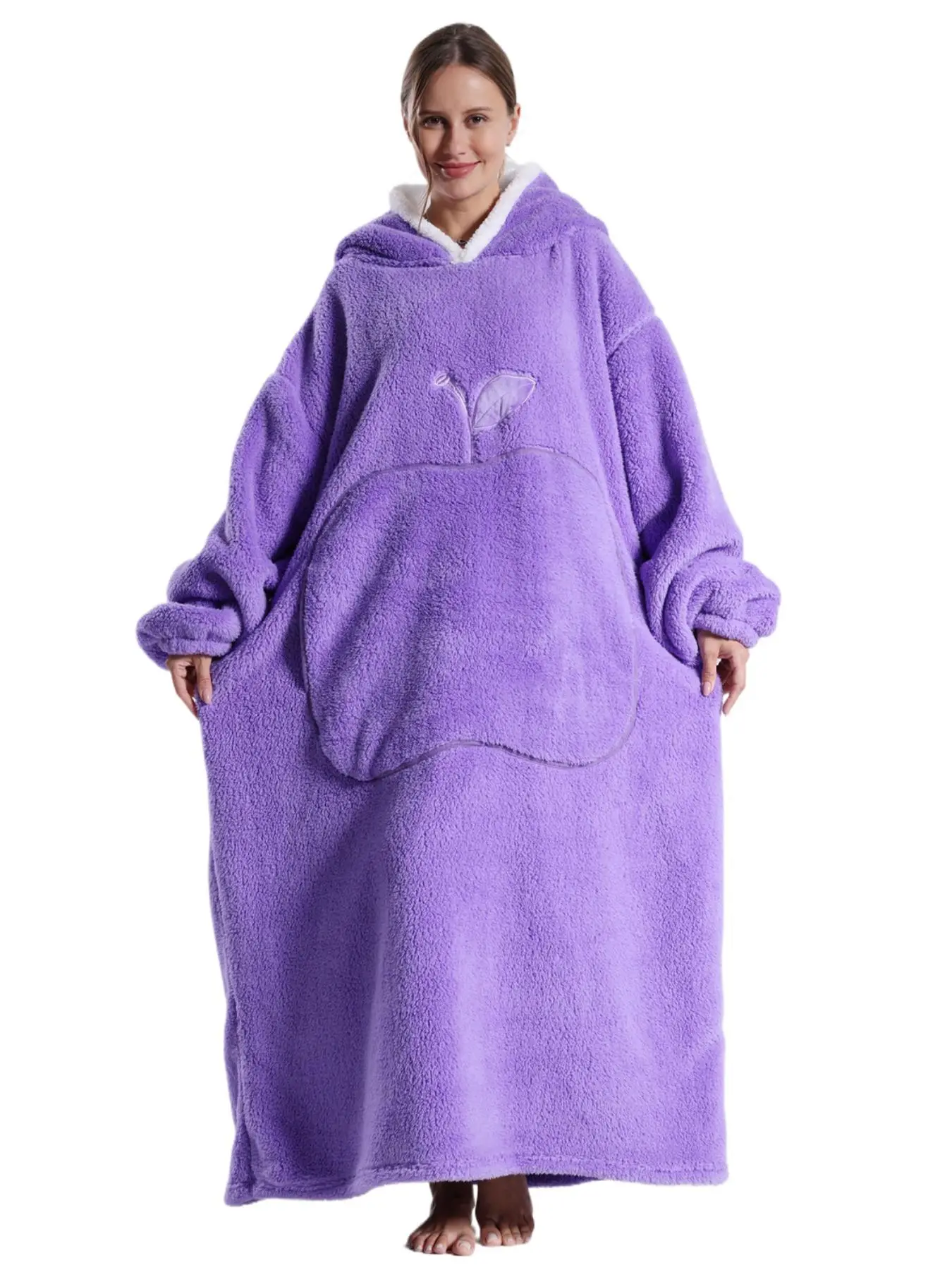 Women's Apple Pattern Drop Shoulder Hooded Flannel Lounge Robe, Casual Long Sleeve Pocket Design Blanket Hoodie, Ladies Sleepwear for Fall & Winter