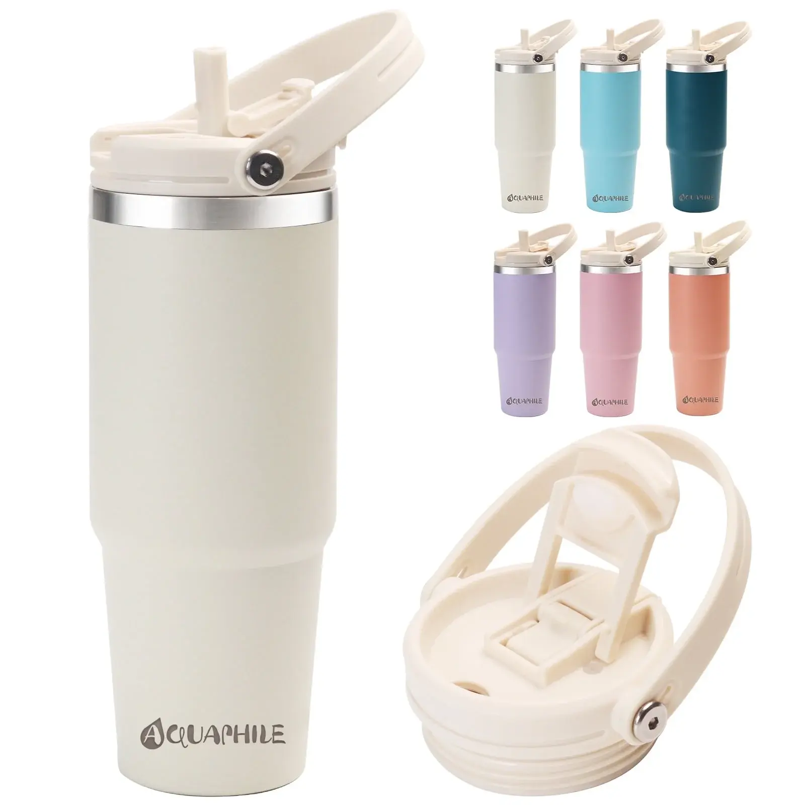 AQUAPHILE 30 oz Insulated Water Bottles with Straw Lid, Double Walled Vacuum Stainless Steel Travel Tumbler with Handle and Straw, Wide Mouth Thermos Bottle