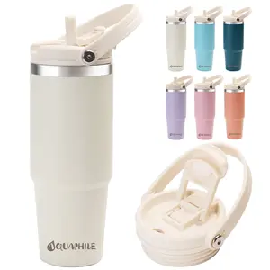 AQUAPHILE 30 oz Insulated Water Bottles with Straw Lid, Double Walled Vacuum Stainless Steel Travel Tumbler with Handle and Straw, Wide Mouth Thermos Bottle