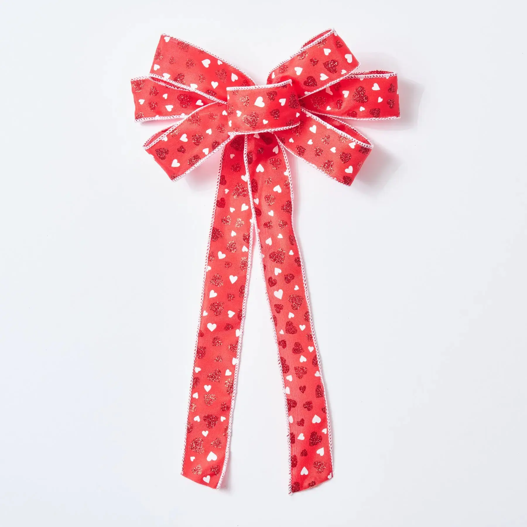 Red Satin Glitter Heart Valentine's Day Hand Tied Bow