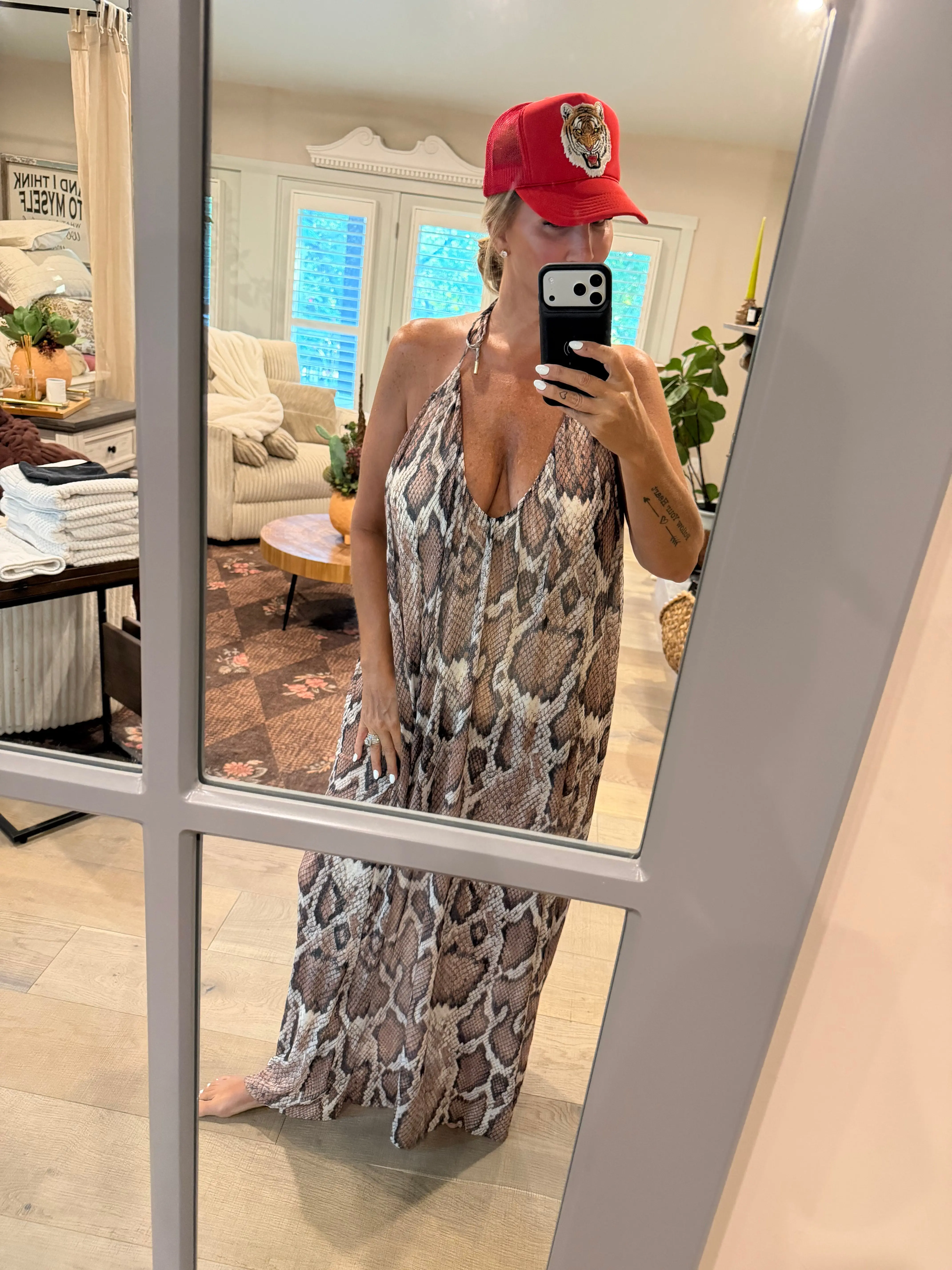 Women's Sheer Sleeveless Casual Mist Dress - Natural Snake Print, Single-Piece with Flowy Skirt, Bodysuit, Spaghetti