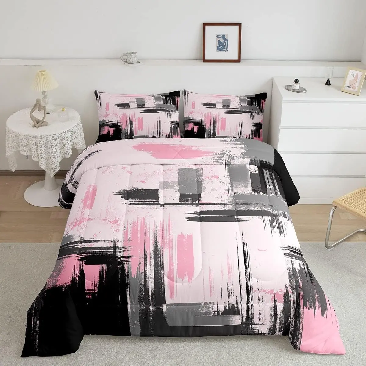 Luxury Abstract Bedspread Set Queen - Breathable Lightweight Microfiber Comforter, Colorful Geometric Pink-Black Retro Designer Duvet Cover, Matching Linens, Household Bedding Set for Modern Bedrooms