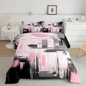 Abstract Luxury Bedding Set,Modern Abstract Art Comforter Set,Pink Black Comforter,Lightweight Retro Duvet Set,Microfiber Designer Bedding Sets