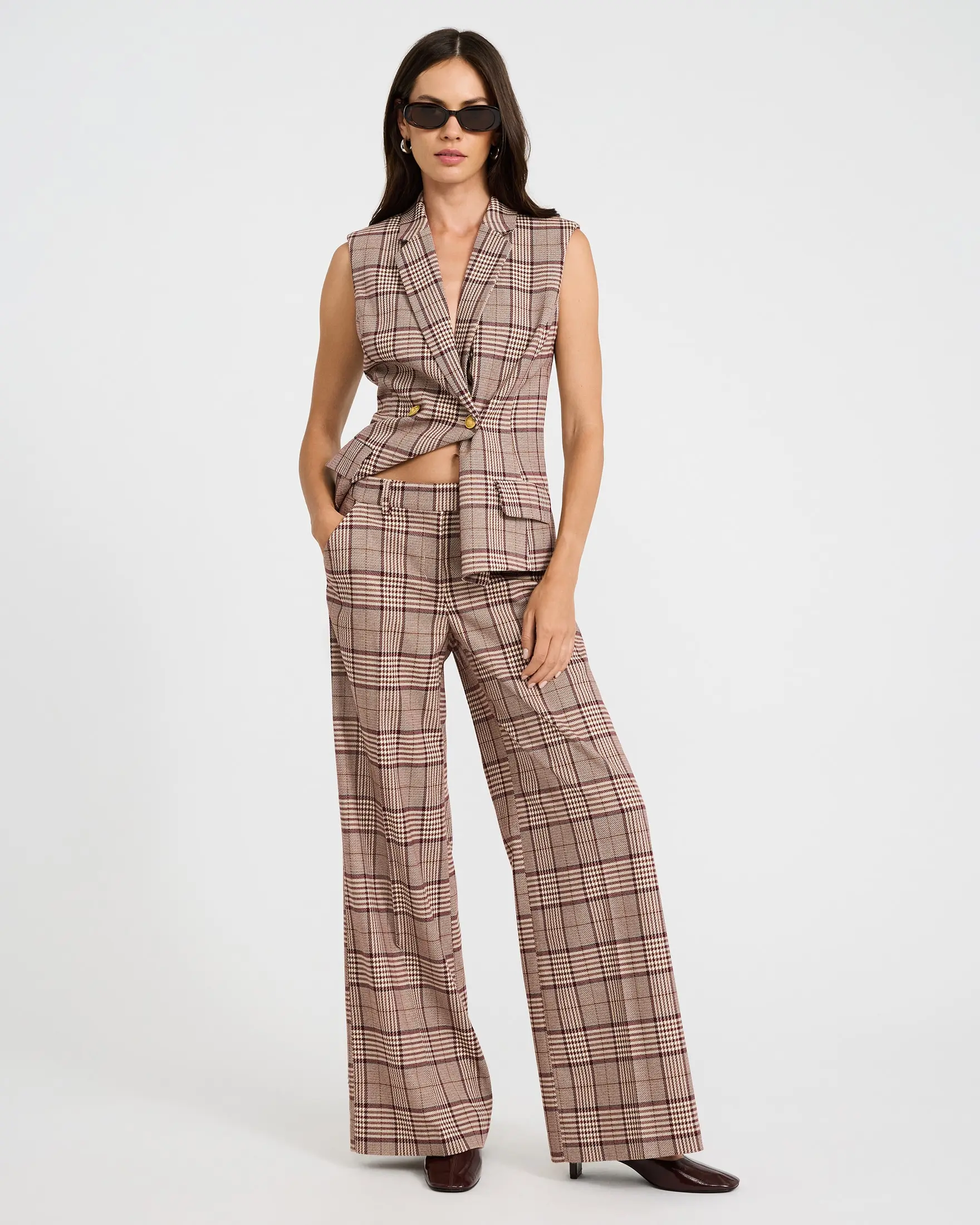 Express Editor Plaid Mid Rise Wide Leg Pant