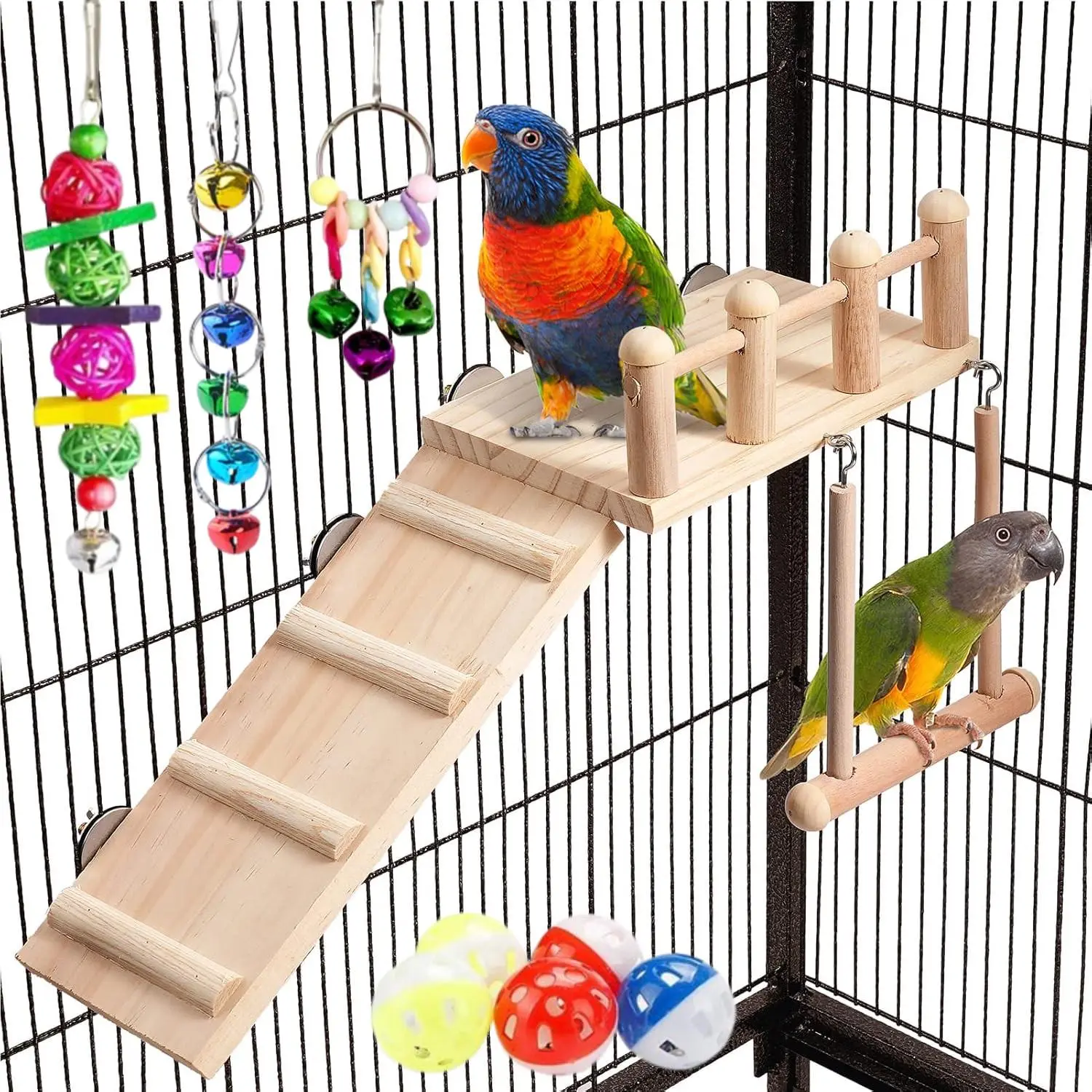 1Set Parakeet Cockatiel Bird Toys, Parrots Cage Accessories Swing Wooden Perch Chewing Toy for Budgerigar, Conures, Love Birds, Finches, Budgies