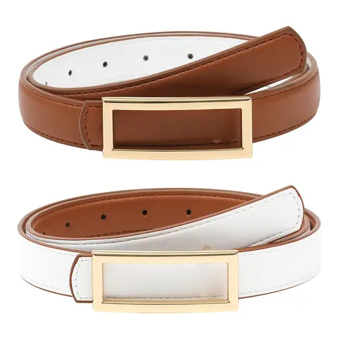 AWAYTR Women's Soft PU Casual Belt - 1 Count Reversible 2-in-1 Design (Black-Brown), Adjustable Fit, Black & Gold Edition, Golden Square Frame Buckle, 9 Holes, 26-45 Inches, Ideal for Women, Elevates Jeans/Dresses (TikTokShopBlackFriday, Soho Chic)