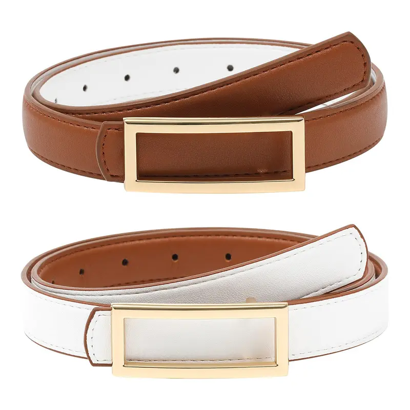 AWAYTR Women's Soft PU Casual Belt - 1 Count Reversible 2-in-1 Design (Black-Brown), Adjustable Fit, Black & Gold Edition, Golden Square Frame Buckle, 9 Holes, 26-45 Inches, Ideal for Women, Elevates Jeans/Dresses (TikTokShopBlackFriday, Soho Chic)