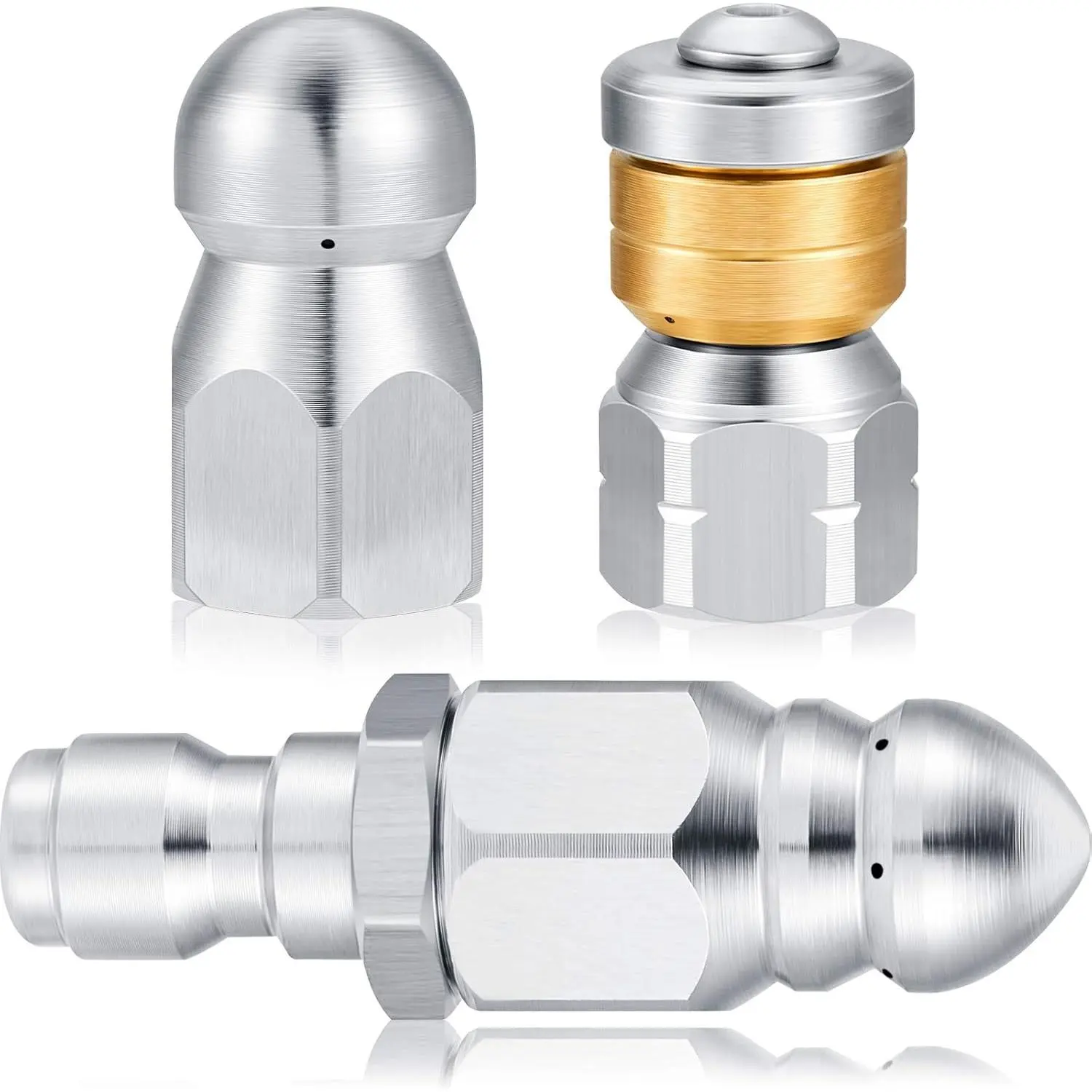 Honoson 3 Pcs Pressure Washer Sewer Jetter Nozzle Kit Stainless Steel Rotating Button Nose Jet Nozzle with Different Model Pressure Drain Hose Spray Head for 1/4'' Quick Connector, 5000 Psi