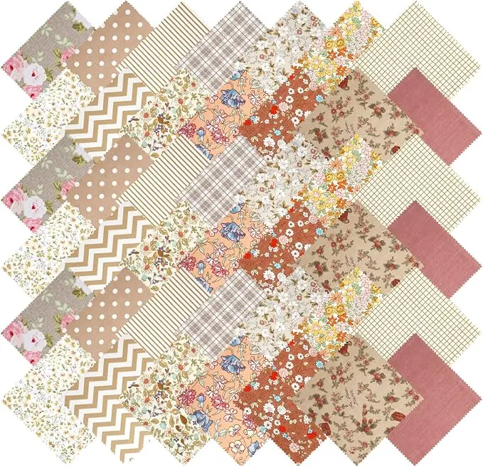 42Pcs Brown Charm Packs for Quilting, 100% Cotton Fabric Squares 5 x 5Inch Pre-Cut Quilted Fabric Floral Patchwork for Sewing DIY Craft(Brown)