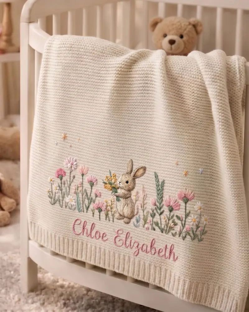 [Made-to-Order]    	 Personalized Bunny Baby Embroidered Blanket, Floral Baby Girl Blanket, Custom Rabbit Blanket, Welcome Baby Nursery Keepsake, Newborn Gift