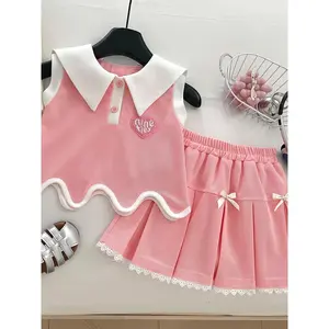Girls' Spring/Summer Collared Set, College Style Simple Pullover Top and Pleated Skirt 2pcs Set