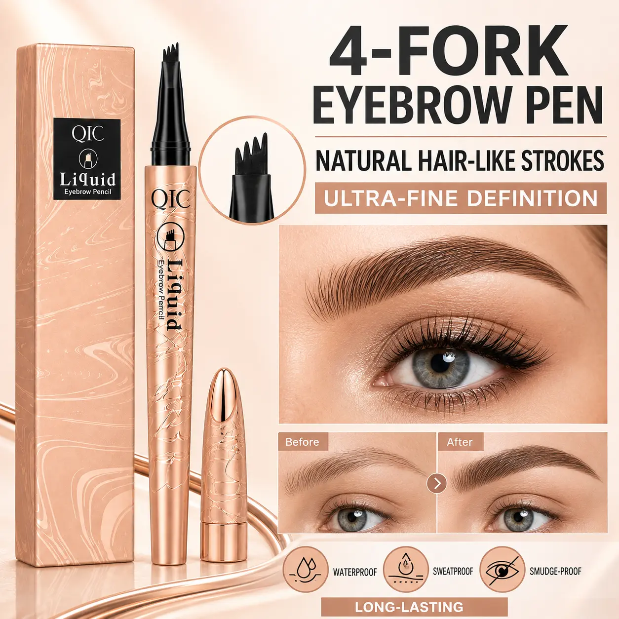 Ultra-Fine Tip 4-Fork Waterproof Eyebrow Pen, Long-Lasting Sweatproof & Smudge-Proof for Draw & Fill, Natural Hair-Like Strokes, Soft Glam & Natural Makeup Look Daily Cosmetic