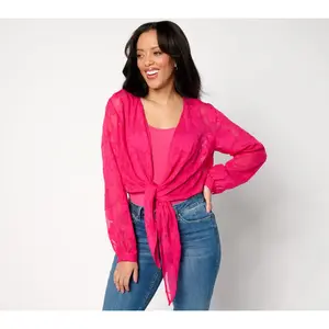 Susan Graver Clip Jacquard Chiffon Long Sleeve Tie Front Shrug