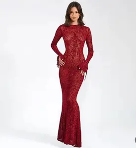Red Long Sleeve Maxi Dress Bodycon Elegant Evening Outfit Women