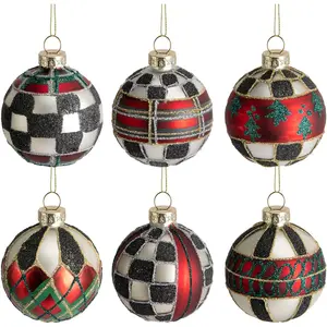 6 count Christmas Glitter Buffalo Plaid Ball Glass Ornaments, 2.4" Mini Shiny Plaid  Balls for Tree, Red Green Black White Tartan Sparkle Ball Tree Decoration for Xmas Party  Decor