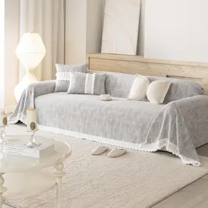 Light Gray Ribbed Sofa Cover, Textured Furniture Protector for 3 Seat Couch, Soft Woven Wrap with Decorative Pom Poms, 70x118 Inches, 1 count