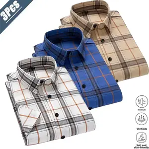 3-pack men’s vintage plaid casual short-sleeve shirts—light-adult everyday commuting style. Breathable, skin-friendly, soft fabric that feels cool and doesn’t trap sweat. Classic notched collar enhances necklines; retro color-block plaid design is stylish