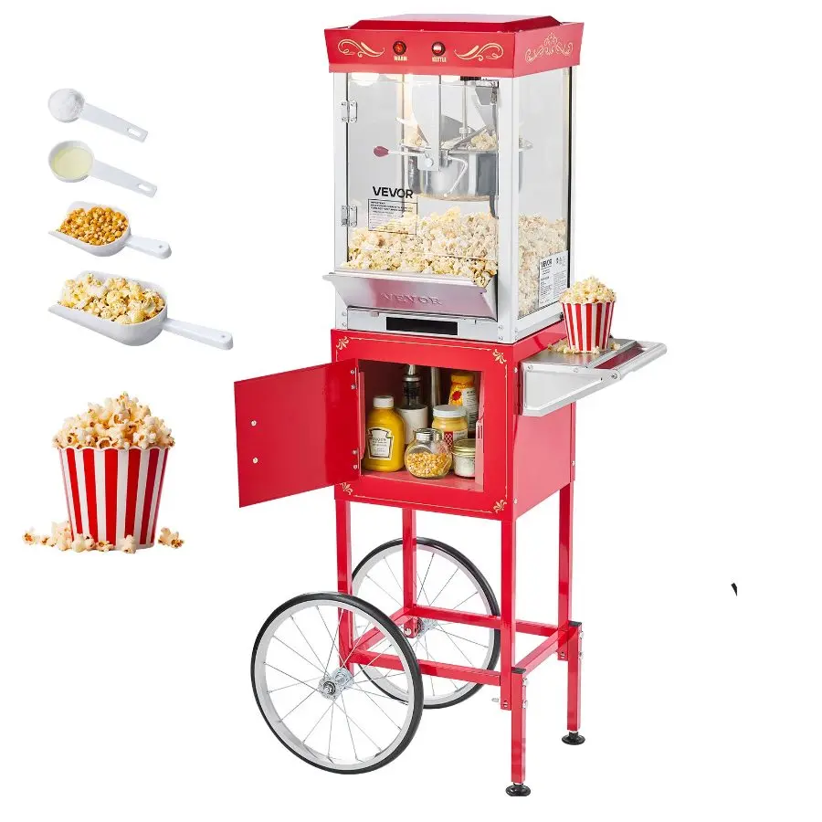 【Summerfinds】VEVOR Commercial Popcorn Machine with Cart Set, 8oz Stainless Steel Kettle, 800W Theater-Style Popper, 48-Cups Per Batch, 2-Button Control, Glass Wall, PC Door, 1 Scoop, 3 Spoons, Red