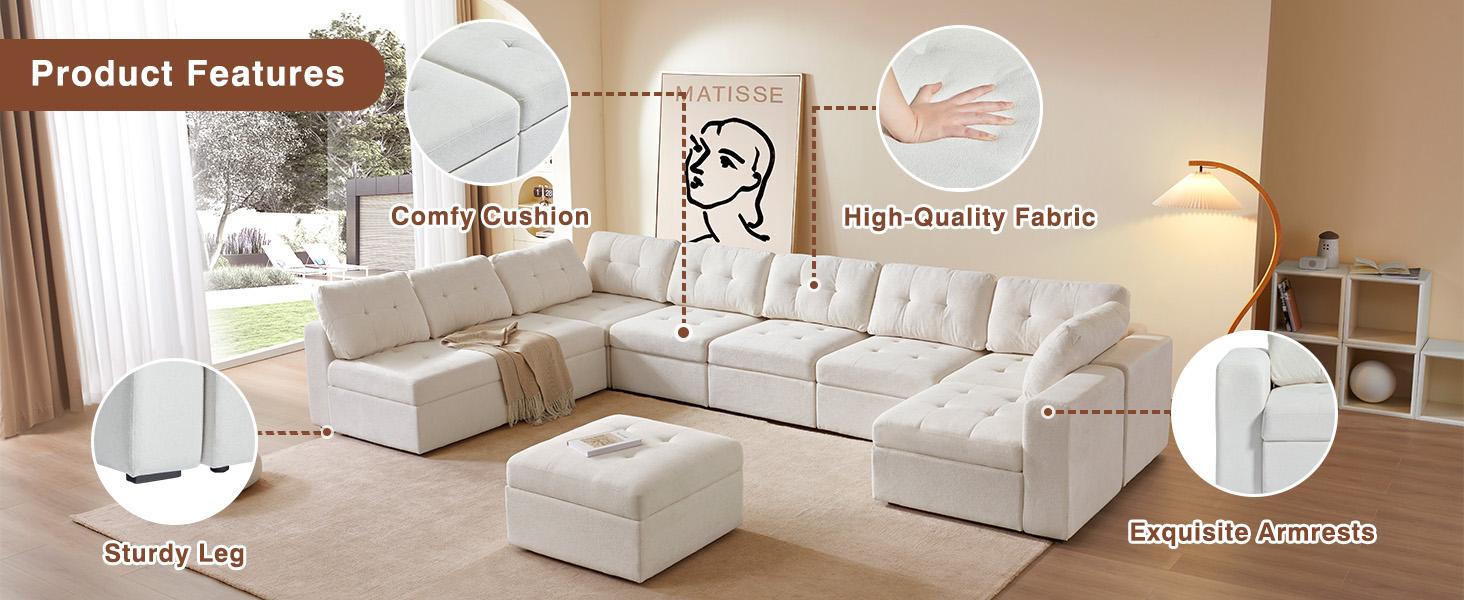 Giratree Oversize Modular Sectional Couch, Convertible U Shaped Sofa with Storage, 9 Seater Sofa Modular with Ottomans and Reversible Chaise for Living Room, Office