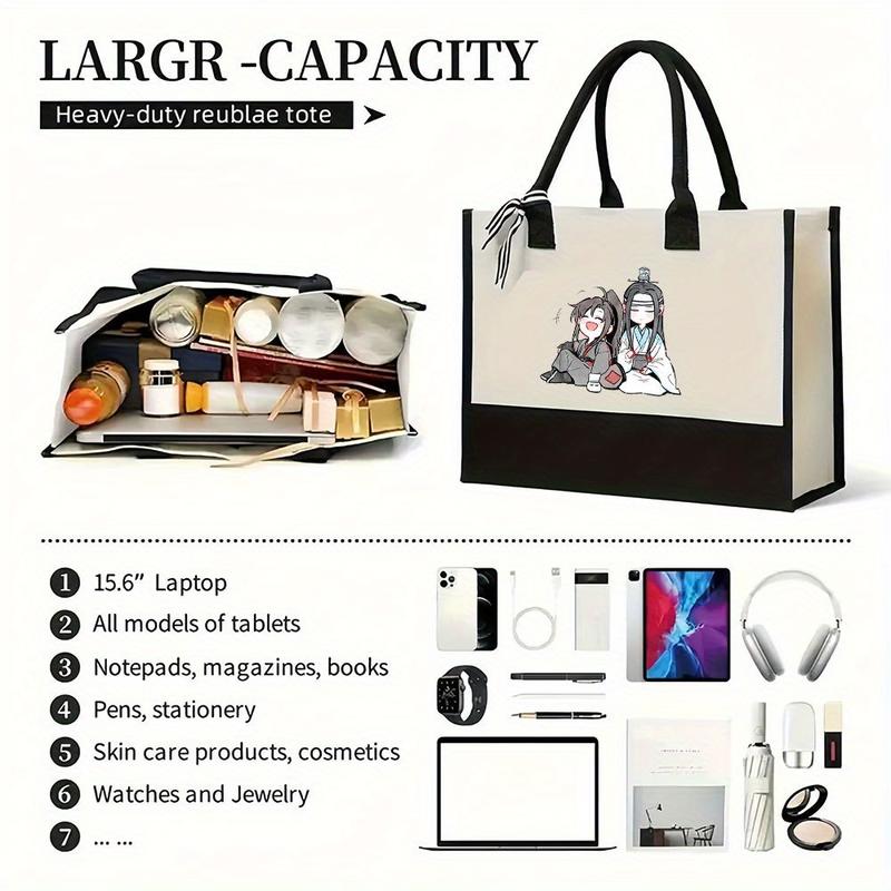 1pc Stylish Elegant Wei Wuxian & Lan Wangji Tote Bag - White with Black Handles, Cute Anime Character Design, Perfect for Work, Travel, or Daily Use, Ideal Gift, Casual Shoulder Bag | Anime Character Bag | Durable Handle Bag