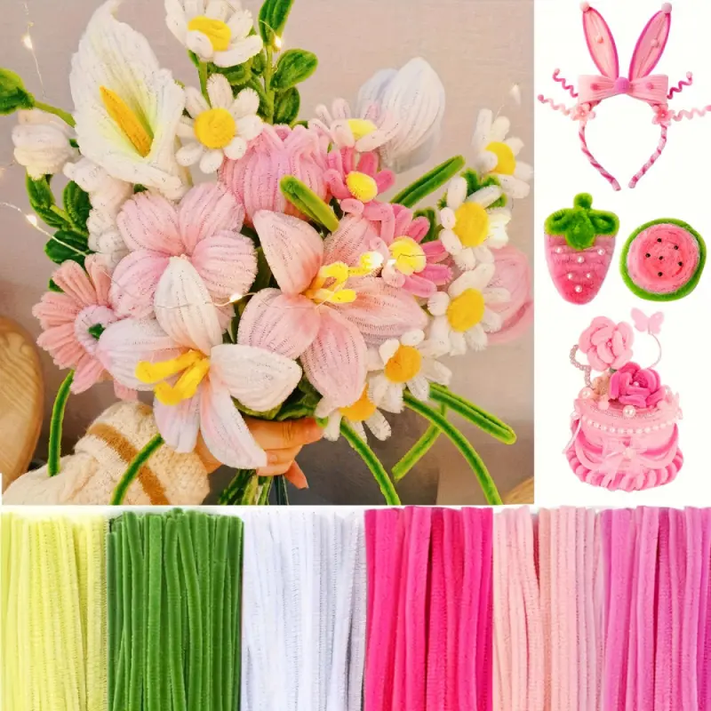 600pcs Super Twist Stick Set, Diy Craft Supplies, Diy Material, 6 Colors Suitable for Infinite Projects, Durable and flexible fleece that maintains its shape, color themes include pink, blue, Very suitable for floral arrangements DIY Flower Decor Crafts