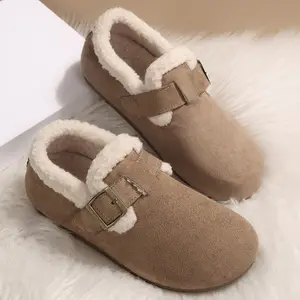 Women's Winter Warm Lazy Slip-On Slippers Suede Fleece Lined Buckle Strap Cozy Home Indoor Outdoor Shoes