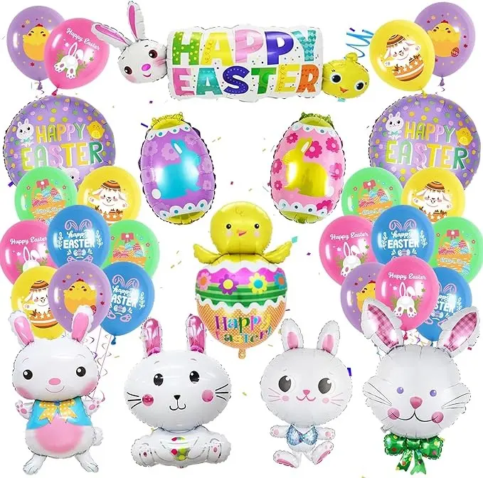 Easter Balloon Decorations - 30 Pieces Easter Decorations Happy Easter Balloons with Eggs Balloons Rabbit Head Balloons Easter Party Foil Balloon for Easter Themed Party Decor