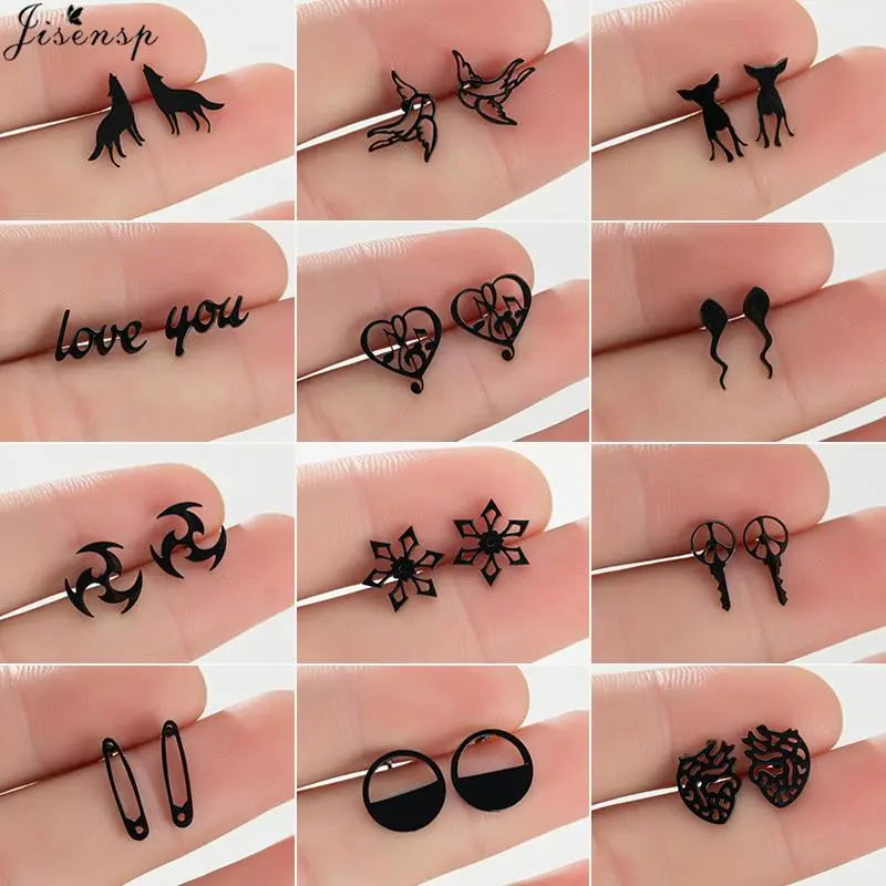 Trendy Black Stainless Steel Animal Stud Earrings Women Men Multiple Darts Dog Pin Heart Earings LOVE YOU Ear Studs Pendientes Trendy Black Stainless Steel Animal Stud Earrings Women Men Multiple Darts Dog Pin Heart Earings LOVE YOU Ear Studs Pendientes