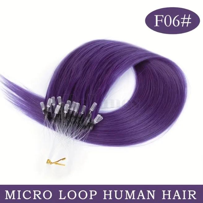 50pcs 30g Micro Loop Human Hair Extensions, Natural Straight, No Glue Easy Install, Vibrant Red Pink Green Blue Purple Gray, 12-28 Inches for Women Daily & Festive Hairstyles