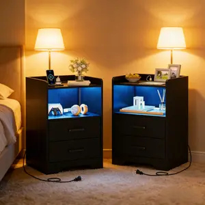 Black Modern Nightstand Set of 2 with Charging Station & LED Hidden Light Strips, 2 Fabric Storage Drawers for Bedroom - Space Saving Design