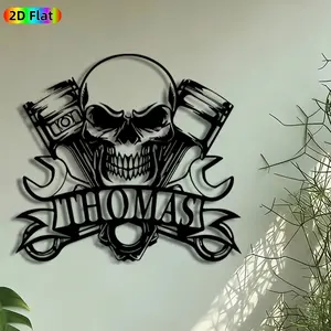 1pc Skull with Pistons & Wrenches Metal Wall Art, Custom Name 'THOMAS' Statue Mural, Intricate Craftsmanship, Artistic Modern Design, Perfect for Fathers Day, Housewarming Decor, Garage Man Cave Workshop Decor, Ideal Gift for Automotive Enthusiasts