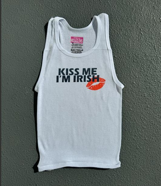 KISS ME IM IRISH Ribbed White Graphic Tank Top St Patrick's Day St Frattys St Paddys Clover Lucky Girl Printed Comfort Womenswear Cotton Casual Sleeveless