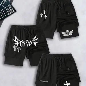 Men's Cross & Alphabet Print Streetwear Shorts - 3-Pack 100% Polyester Knit Fabric, Slight Stretch, Regular Fit, 190g/m², Sports Style - Gym, Menswear