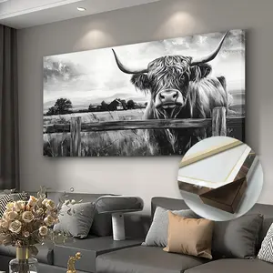 Highland Cow Black and White PhotographyPortrait - Close-Up Scottish Highland Cattle Framed Canvas Art, RusticFarmhouse Wall Decor with Wrap-Around Frame for Living Room,Bedroom, Office