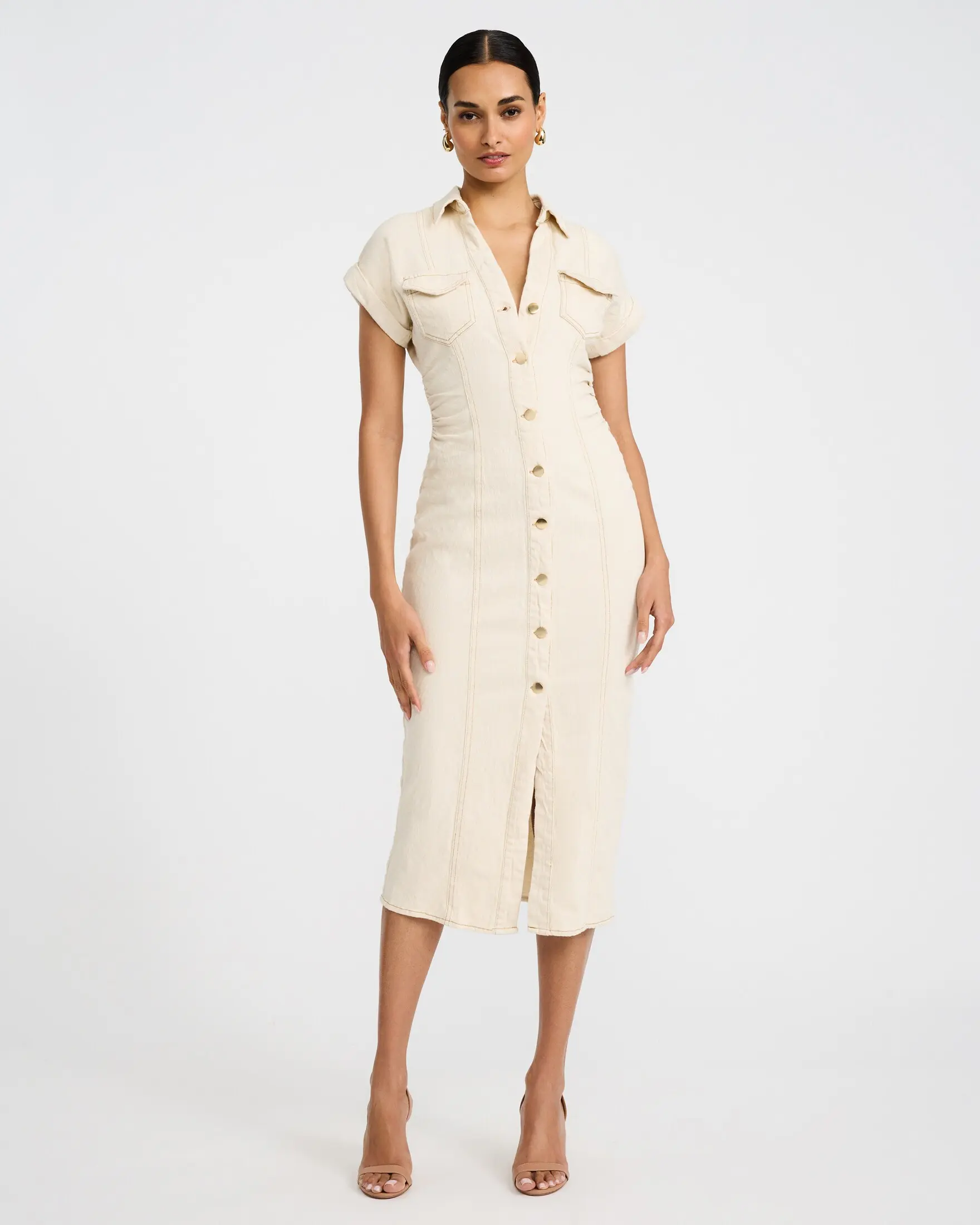 Express Stretch Denim Cap Sleeve Button Front Midi Sheath Dress