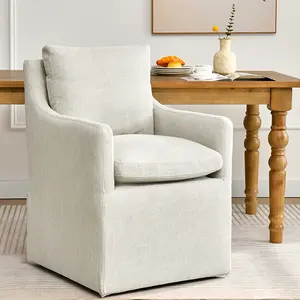 Beige Upholstered Armchair with Down and Soft Foam Cushioning, Flexible Casters for Easy Mobility, Perfect for Living Room or Office