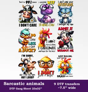 Sarcastic Animals DTF Gang Sheet, 23x32 in. Funny Ready to Press Heat transfers