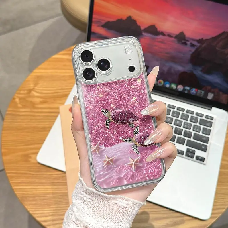 Suitable for [iPhone 17 Pro] Viral Beachy Mermaid Aesthetic Quicksand Glitter Phone Case, Flowing Pink Sparkle Liquid Design, For iPhone，Flexible Drop Resistant TPU Ocean Animal Protective Case for Women-JS996