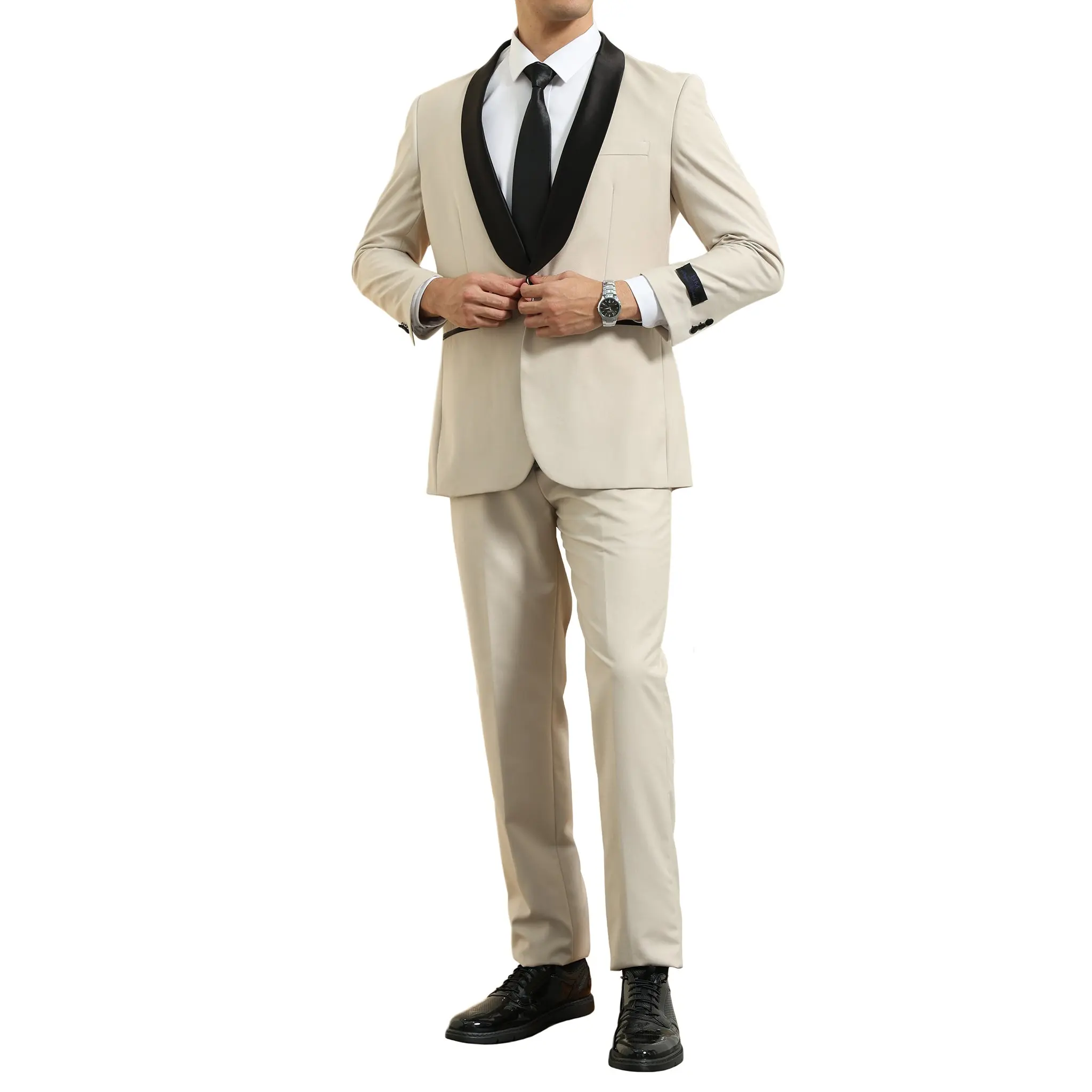 Beige Tuxedo with Black Satin Shawl Lapel