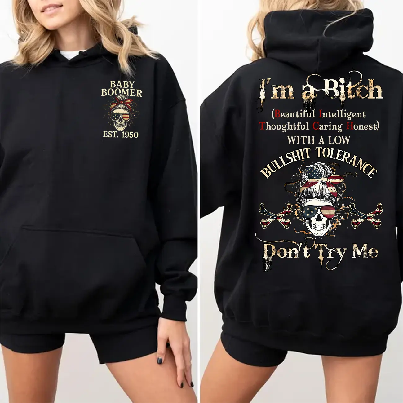 Custom Year Baby Boomer Skull Hoodie , Don't Try Me Boomers FAFO Hoodie, 100% Cotton, Two-Sided Design Menswear Autumn Hoodie