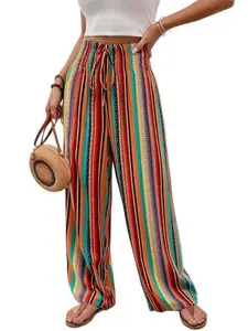 Women, Multicolor Striped Casual Pants, High Waist Slimming, Breathable Lightweight, Street Fashion, Summer Essential, Comfortable Everyday Wear